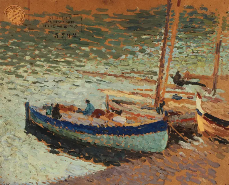 Blåklintsbukett – Båtar i hamn av Henri Martin