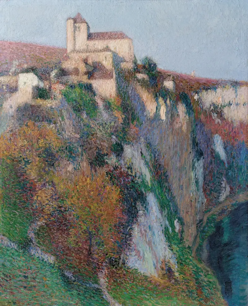 Kyrkan i Saint-Cirq Lapopie uppe på klippan vid Lots flodkrök, blå himmel av Henri Martin