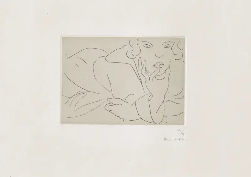Drapierte Figur im Morgenmantel, rechte Hand stützt das Gesicht von Henri Matisse