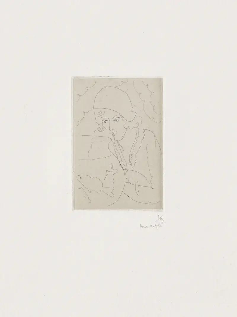 Ung kvinna med holländsk frisyr, betraktande fiskar av Henri Matisse