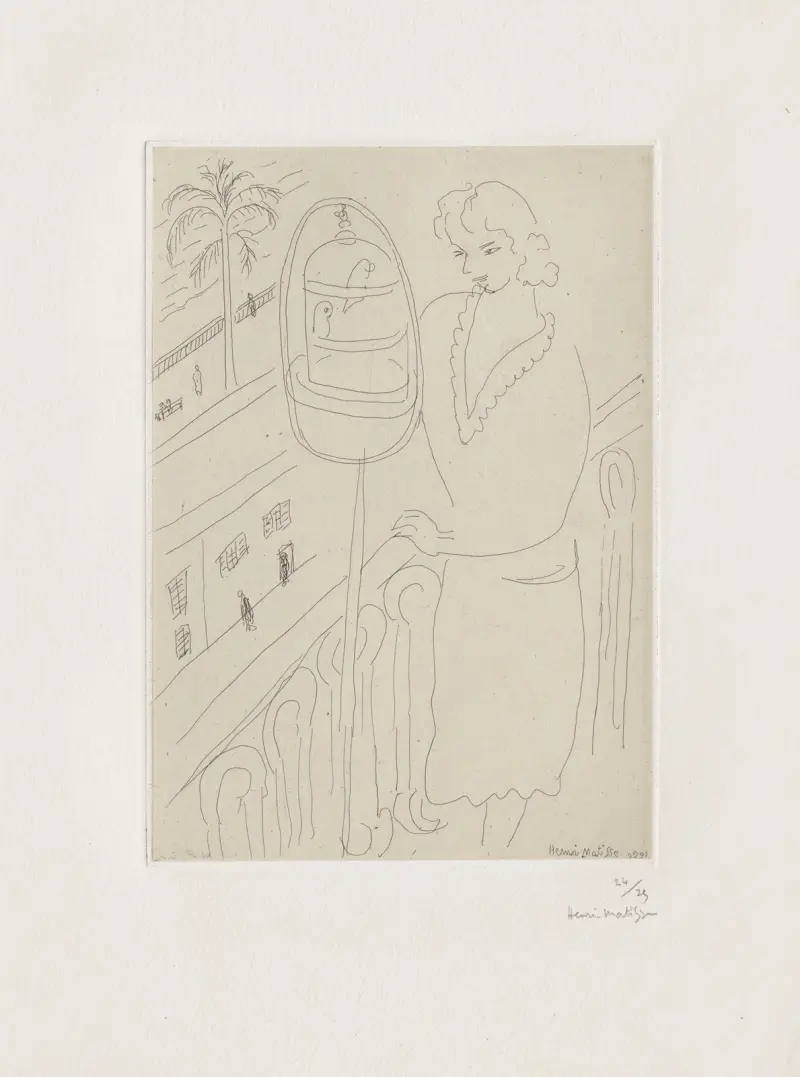 Ung kvinna på balkongen, betraktande sina papegojor av Henri Matisse