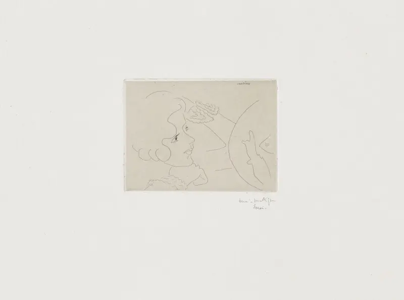 Ung kvinna med svarta ögon som betraktar ett akvarium av Henri Matisse