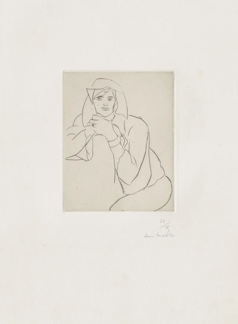 Ung kvinna med sammanförda händer på en möbels ryggstöd av Henri Matisse