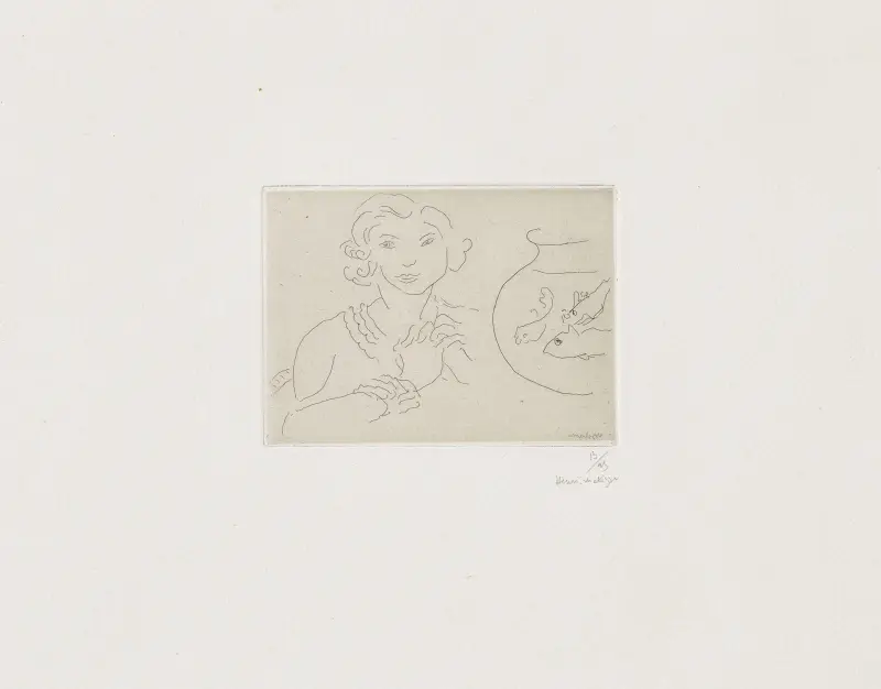 Ung kvinna, korslagda händer vid en fiskskål av Henri Matisse