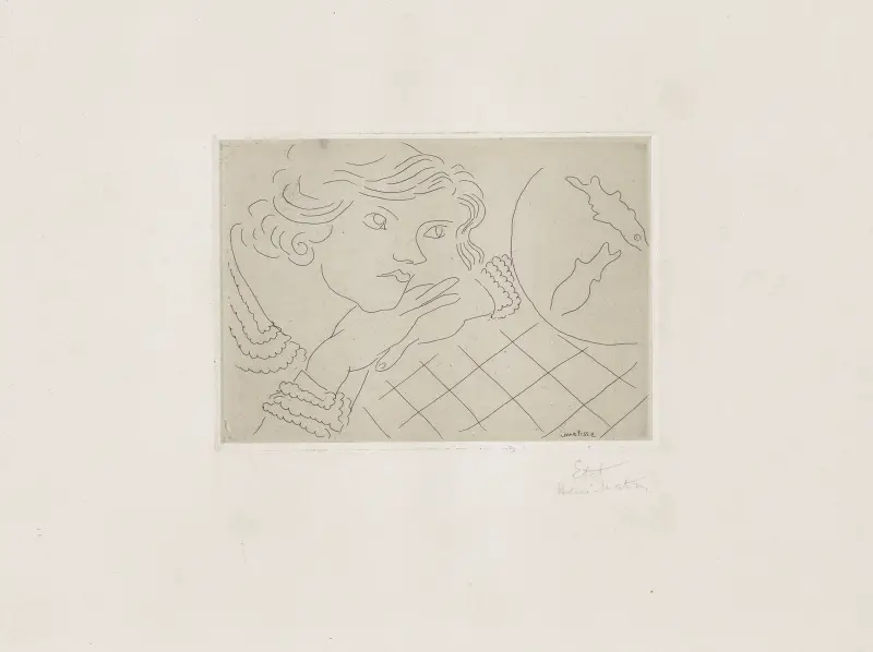 Ung kvinna, guldfiskar och rutig duk av Henri Matisse