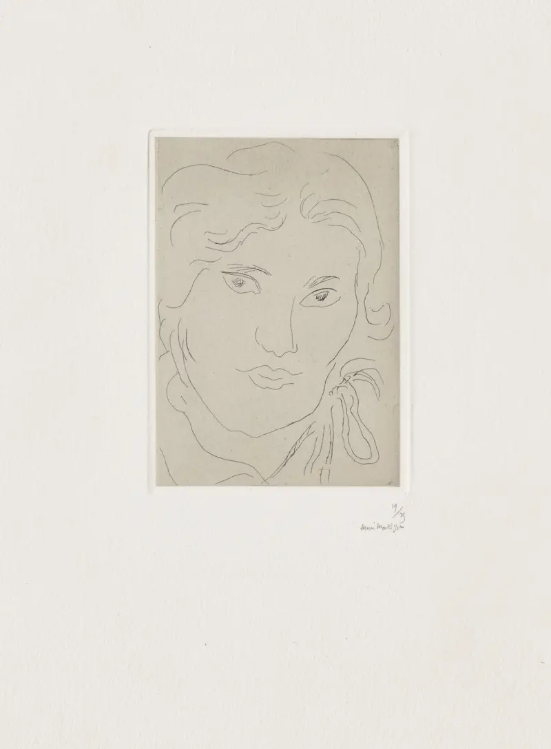 Ung flicka framifrån, flödande band över vänster axel av Henri Matisse