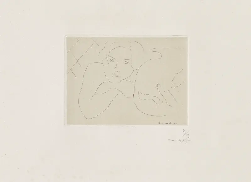 Ung flicka drömmande vid en fiskglob av Henri Matisse