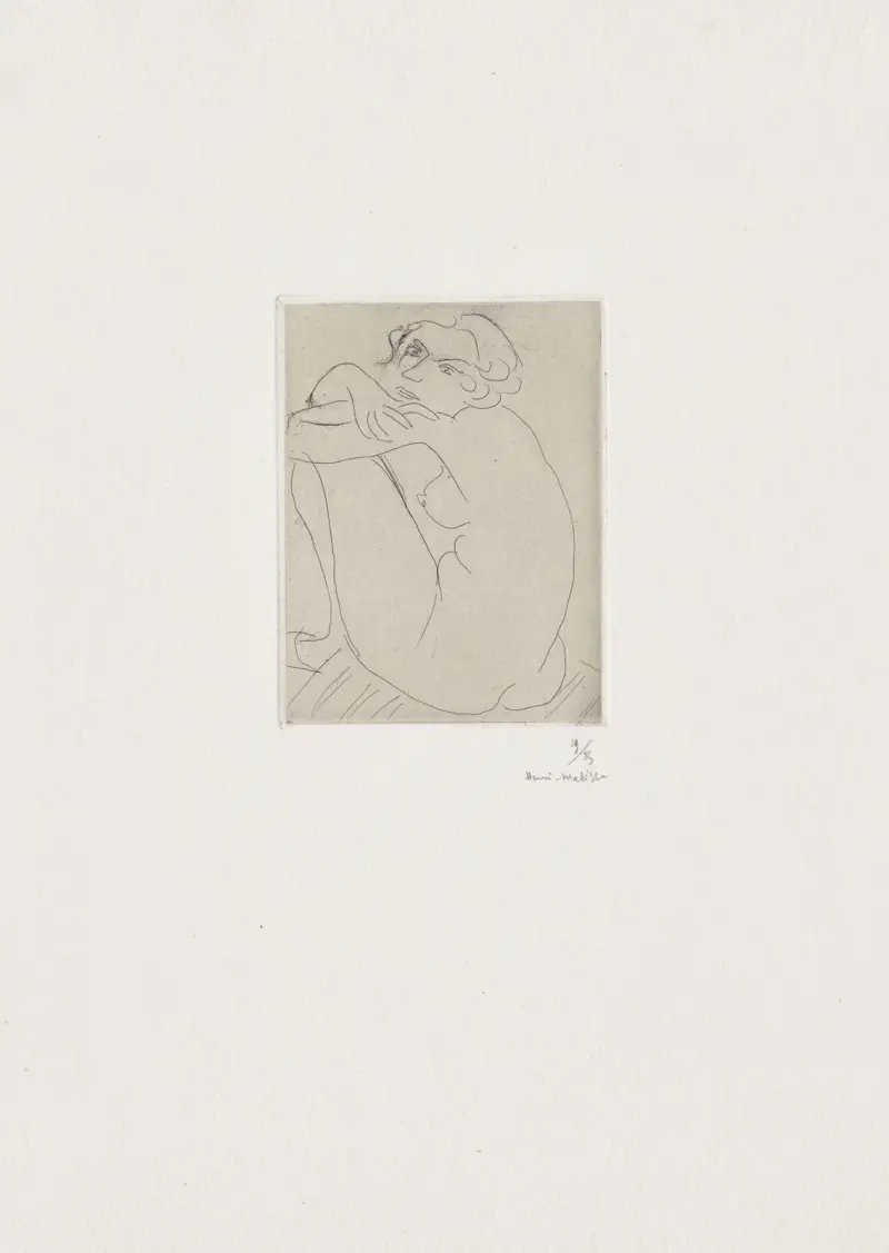 Akt på huk på randig bänk av Henri Matisse