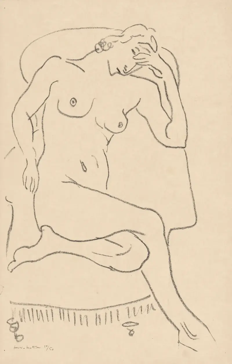 Sittande naken i fåtölj, ett ben uppdraget av Henri Matisse