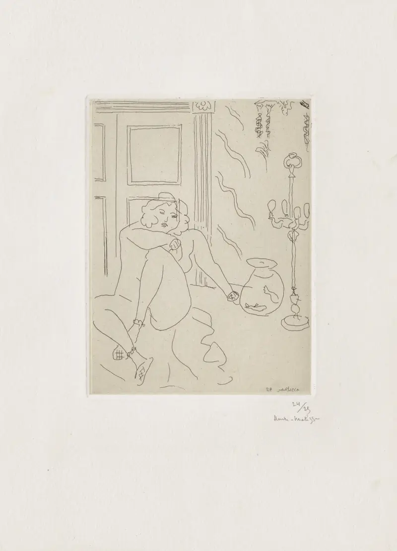 Akt i interiör med venetiansk lampa och guldfiskar av Henri Matisse