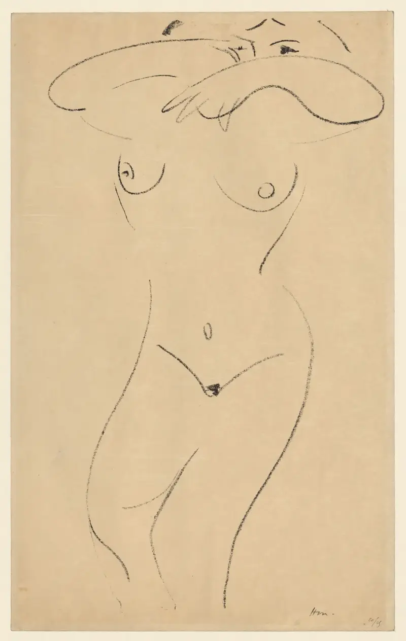 Halvliggande naken, armarna böjda mot ögonen av Henri Matisse