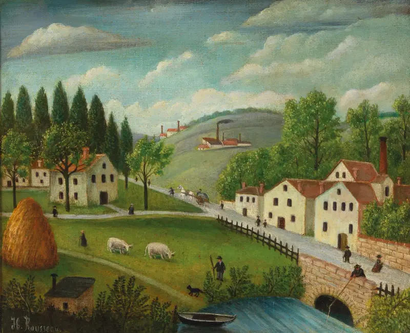 Pastorale Landschaft mit Bach, Fischer und Flanierenden von Henri Rousseau
