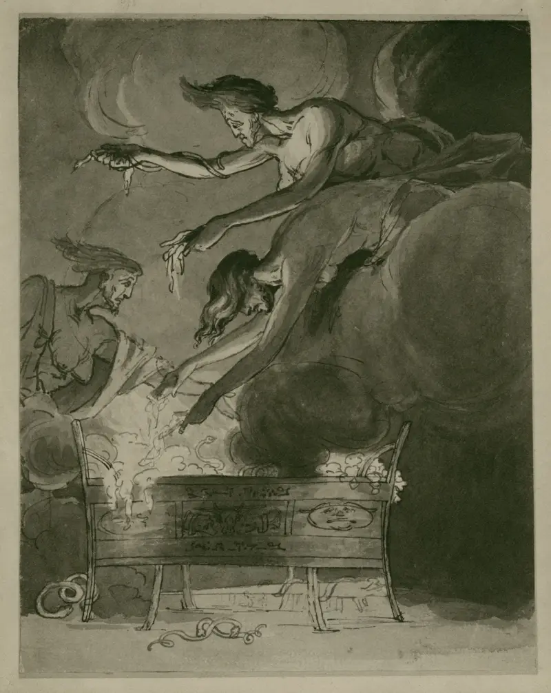 Macbeth, de tre häxorna svävar över kitteln i grottan av Henry Fuseli