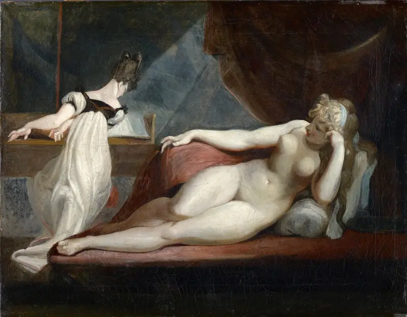 Liggande naken figur och kvinna vid pianot av Henry Fuseli