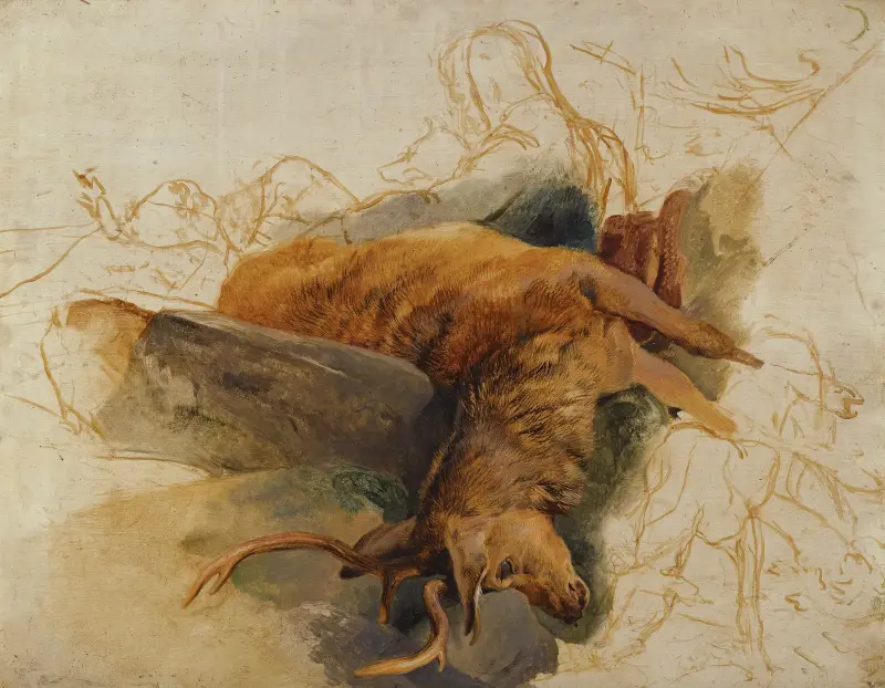 Ein toter Hirsch mit skizzierten Figuren eines Jägers und Hunden von Sir Edwin Henry Landseer