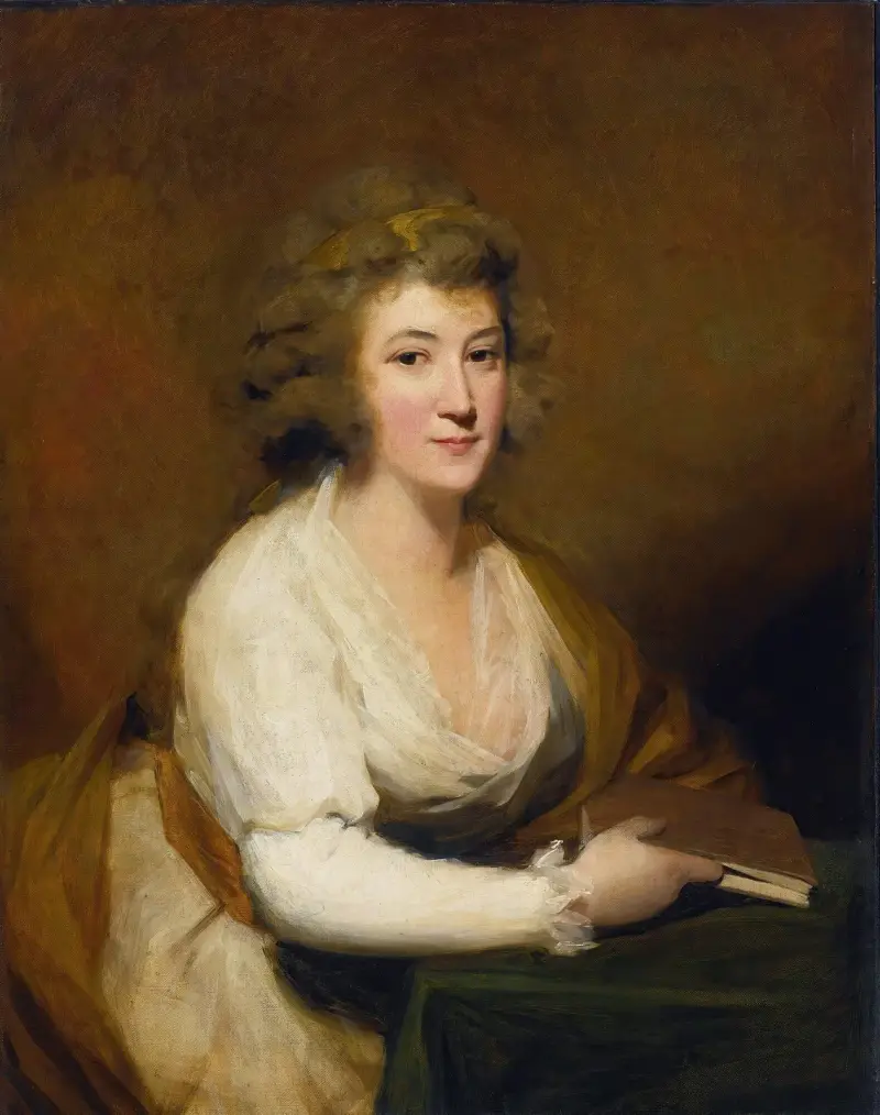 Porträtt av Lady Nasmyth, i vit klänning och brun sjal, sittande vid ett bord med en bok av Sir Henry Raeburn
