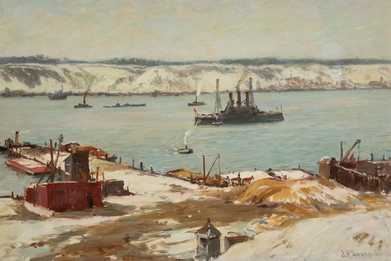 Hudson River and Warships, USS Connecticut av Joseph Henry Sharp