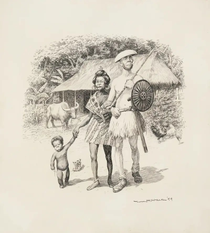 En svart familj står framför sin hydda och sina djur av William Henry Walker