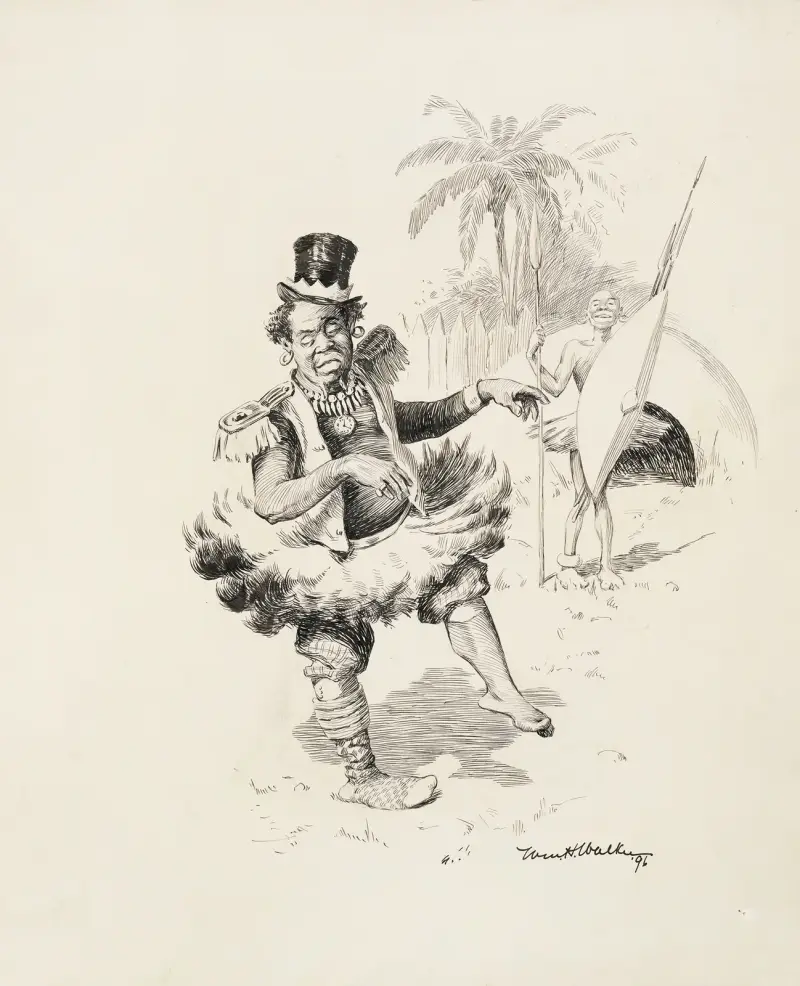 Ein Schwarzer in traditioneller Kleidung lacht über einen anderen, der traditionelle mit westlicher Kleidung gemischt hat von William Henry Walker