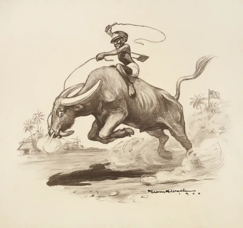 En svart man rider på en bångstyrig vattenbuffel, som börjar tröttna, medan en amerikansk flagga vajar i bakgrunden av William Henry Walker