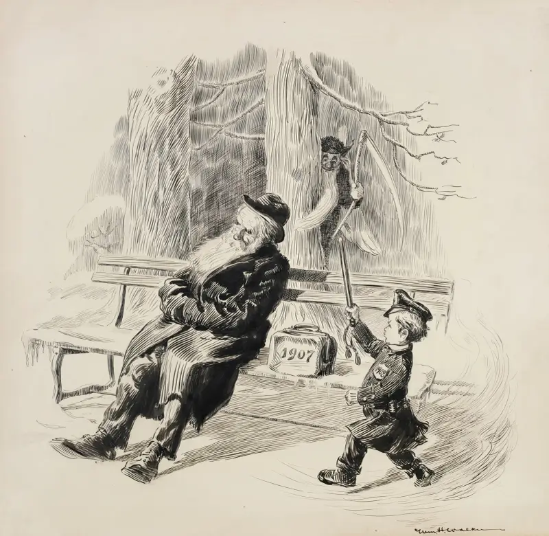 Ein als Polizist verkleideter Junge, der das Jahr 1908 repräsentiert, macht sich bereit, einen alten Mann (1907) zu wecken, der auf einer Bank schläft von William Henry Walker