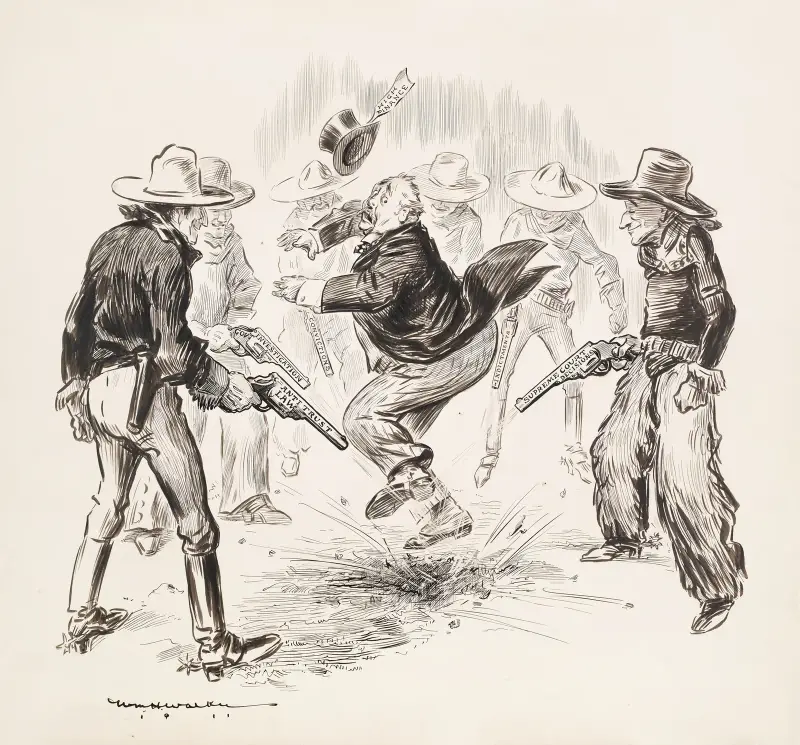 En grupp cowboys omringar en rik man som representerar storföretagen och skjuter mot hans fötter av William Henry Walker