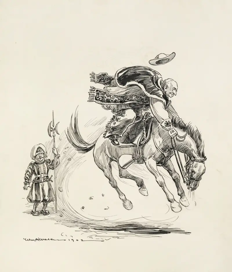 En vakt ser förvånad på när en religiös ledare, möjligen påven, rider en bockande häst iklädd prålig cowboyutstyrsel av William Henry Walker
