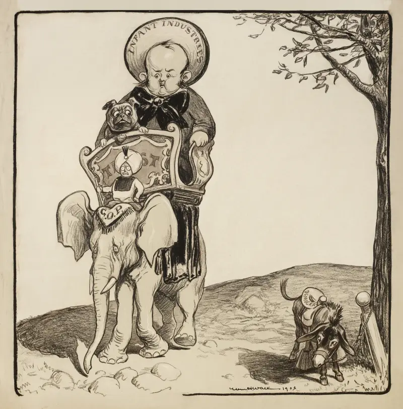 Ett stort barn som representerar den unga industrin och hans bulldogg som representerar Wall Street rider på elefanten som symboliserar Republikanska partiet av William Henry Walker