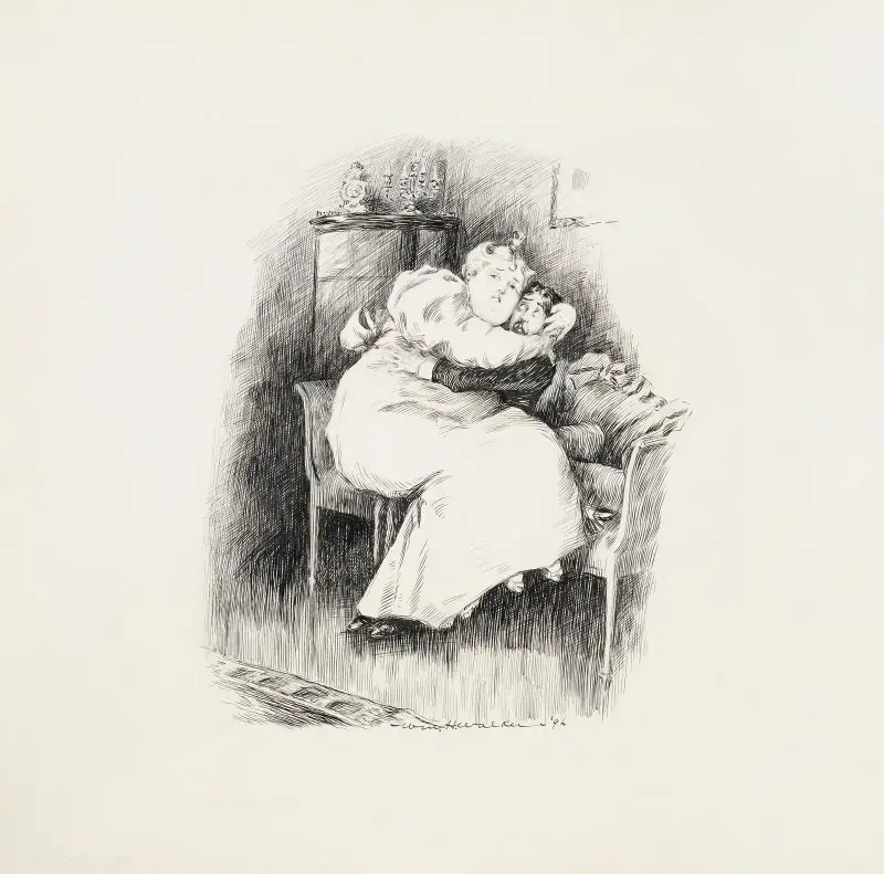 Eine große Frau in Weiß sitzt auf dem Schoß eines kleineren Mannes in Schwarz, der auf der Bettkante sitzt von William Henry Walker