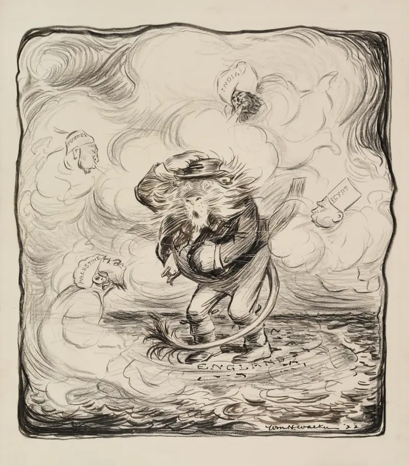 Ein Löwe (England), gefangen in einem Sturm, der von Figuren erschaffen wird, die Palästina, die Türkei, Indien und Ägypten repräsentieren von William Henry Walker