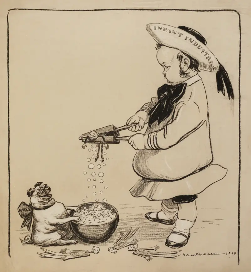 A man dressed as a child representing infant industries squeezes small men representing the public to make money fall out of them av William Henry Walker