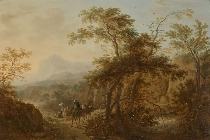 Vandrare på en skogsstig vid en flod och badande i ett bergslandskap av Herman Saftleven