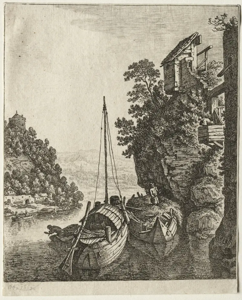 Two Boats moored under a rock av Herman Saftleven
