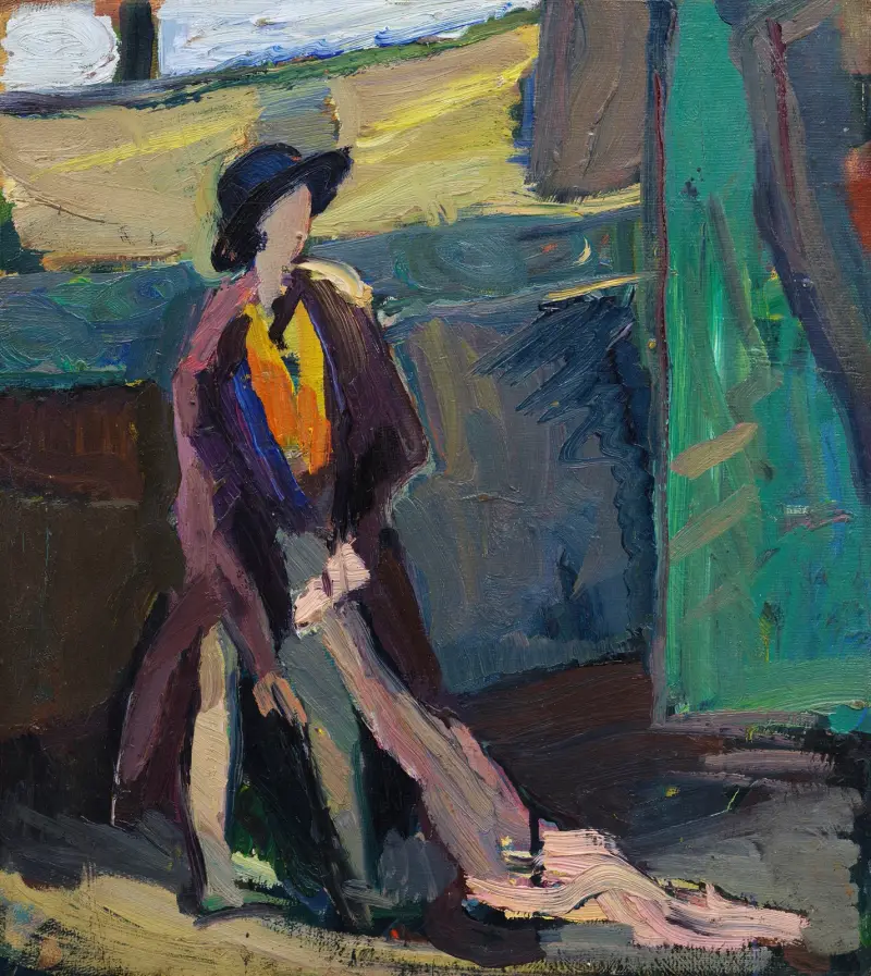 Mädchen mit Pelz auf grünem Grund av Hermann Stenner