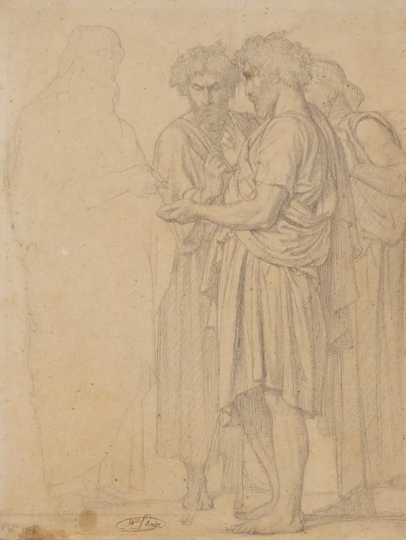 Grupp av tre draperade män av Jean-Hippolyte Flandrin