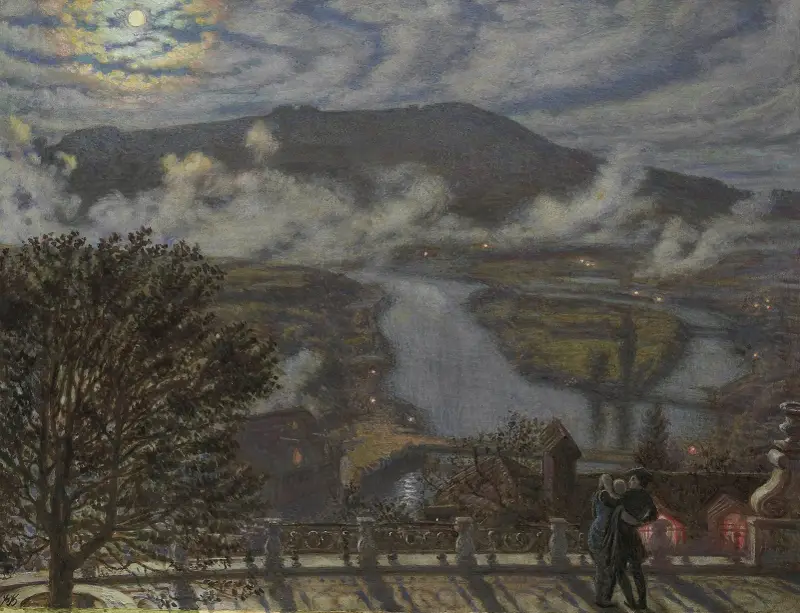 Utsikt från en terrass över ett flodlandskap om natten av William Holman Hunt
