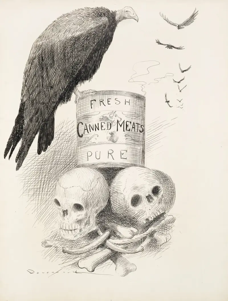 En burk 'Fresh Canned Meats' står på mänskliga ben. Gamar kretsar kring burken, och en sitter på den. av Homer Davenport