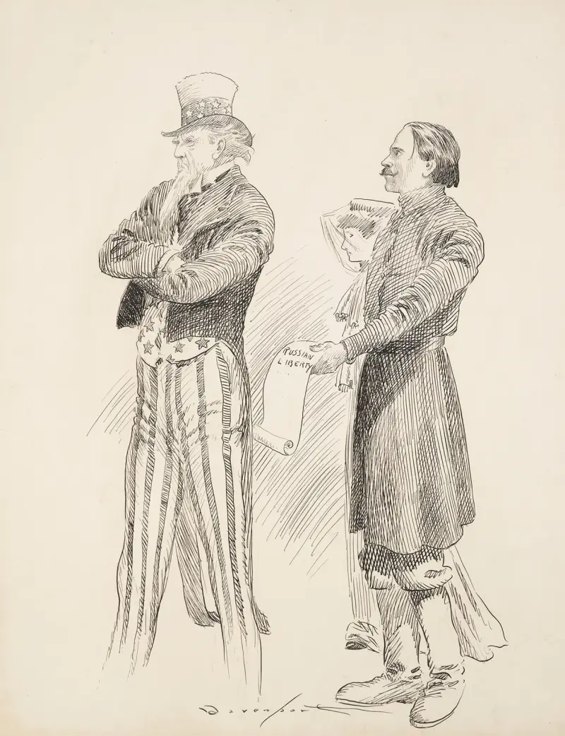 En man och en kvinna försöker ge en skriftrulle märkt ”Russian Liberty” till Uncle Sam, men han vänder ryggen till och tar inte emot den. av Homer Davenport