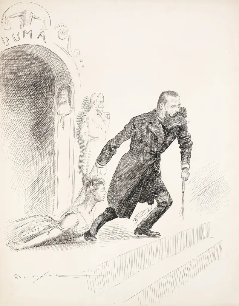 Pjotr Stolypin, ein russischer Politiker, der eine Frau, die die Freiheit repräsentiert, an den Haaren aus einem Gebäude zieht von Homer Davenport