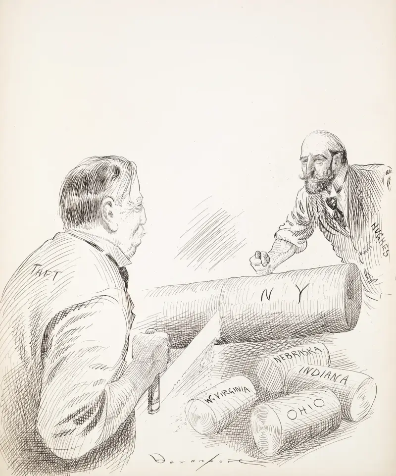 Zwei Männer, Taft und Hughes, sägen Stücke von einem Baumstamm von Homer Davenport