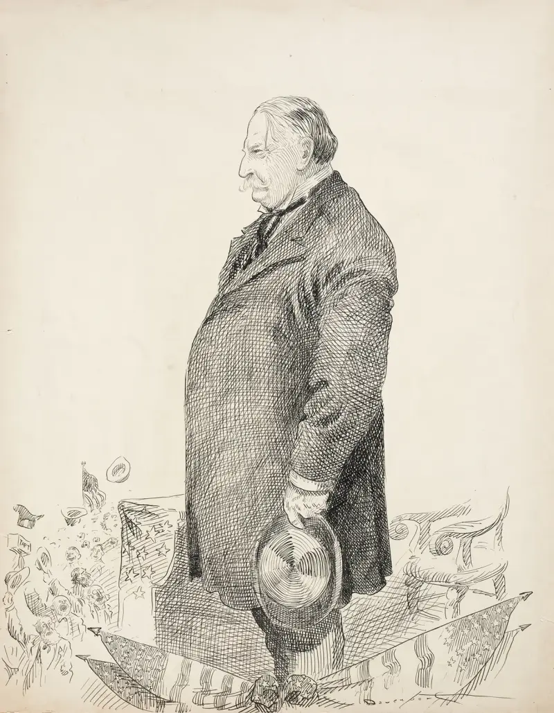 William Howard Taft står i talarstolen vid ett evenemang och blickar ut över en jublande folkmassa av Homer Davenport