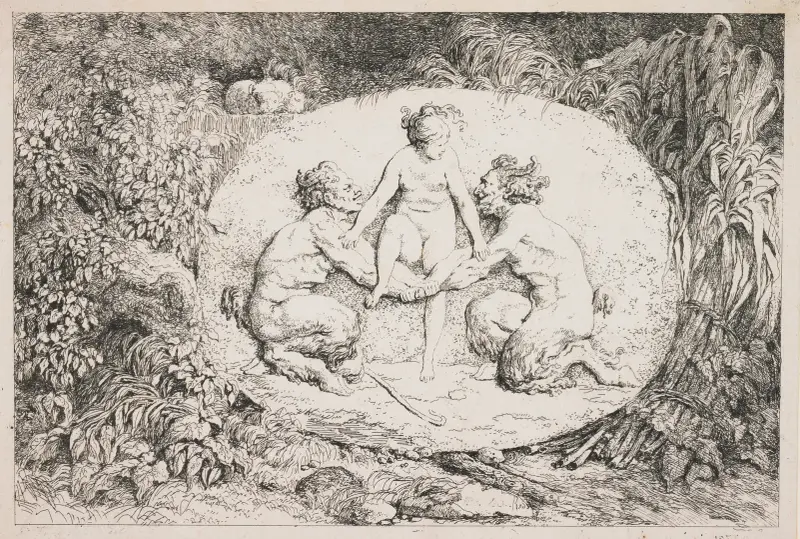 Nymf som landar i famnen på två satyrer av Jean-Honoré Fragonard