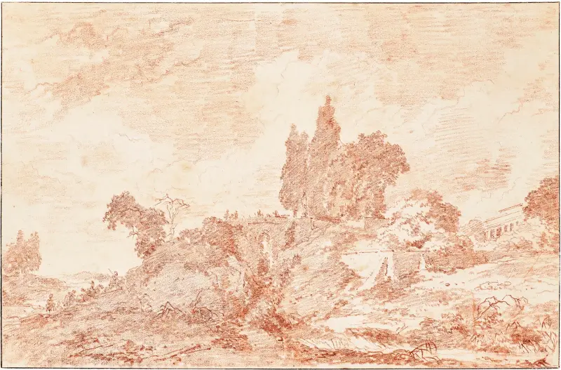 Ett skogslandskap med en avlägsen villa av Jean-Honoré Fragonard