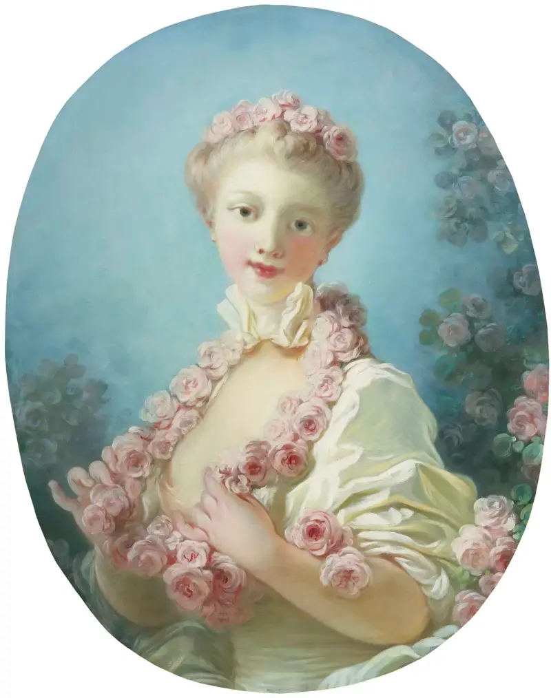 Ung blond kvinna med rosenkrans runt halsen av Jean-Honoré Fragonard