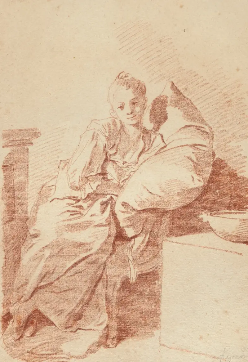 A young girl seated in an interior, leaning against a pillow (‘La Jeune malade’) av Jean-Honoré Fragonard