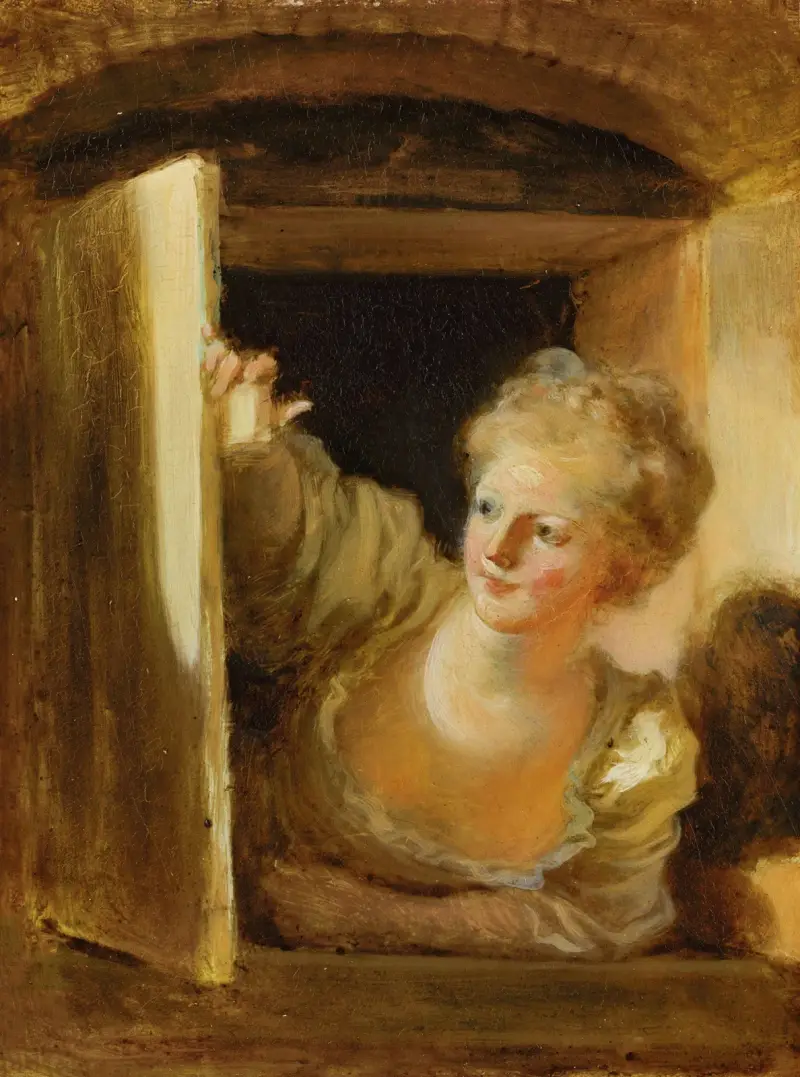 Ung kvinna som lutar sig ut genom ett fönster av Jean-Honoré Fragonard