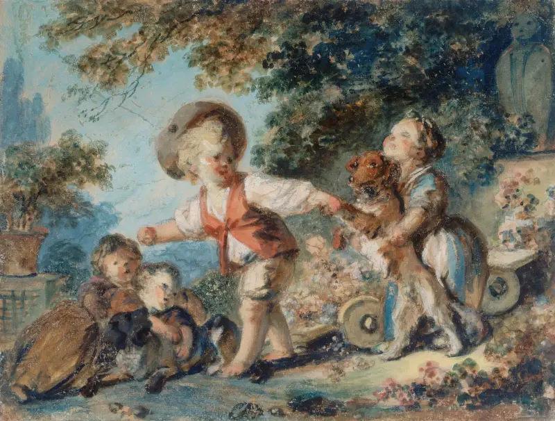Enfants jouant avec deux chiens av Jean-Honoré Fragonard