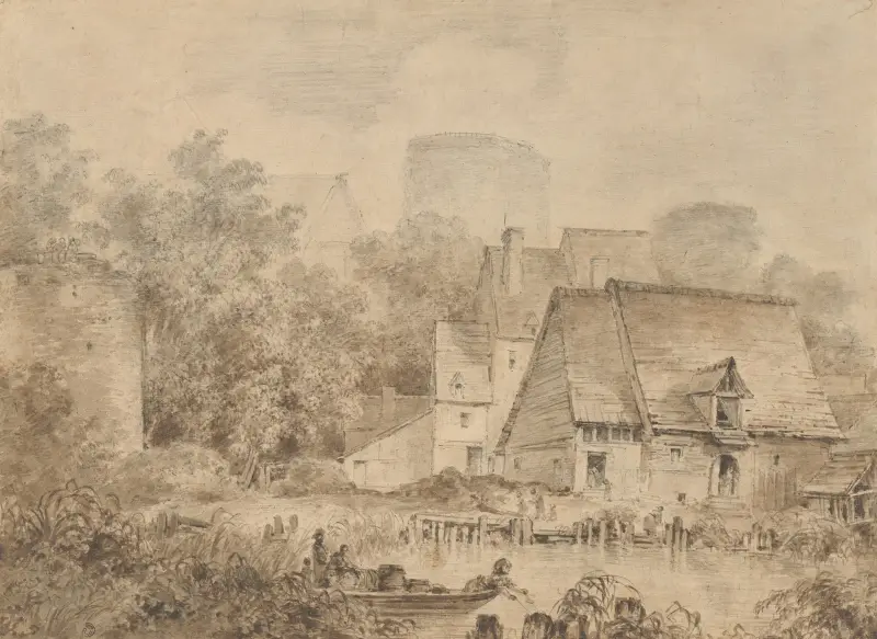 Bauernhöfe an einem Wasserweg von Jean-Honoré Fragonard