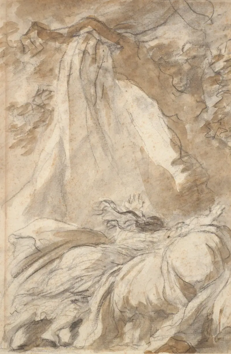 I förtvivlan kastar Olympia sig på sängen, illustration till Canto X, vers 27, av Lodovico Ariostos 'Orlando Furioso' av Jean-Honoré Fragonard