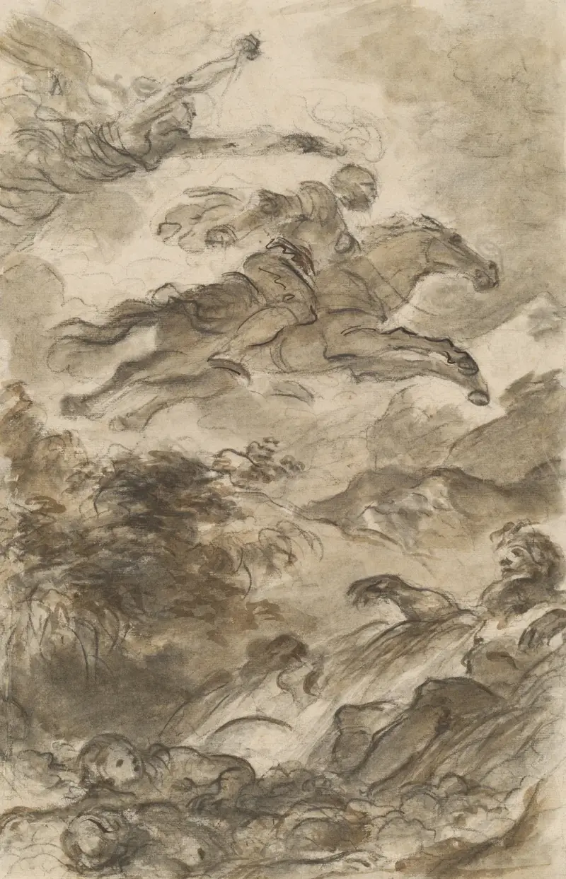 Rinaldo, ridande på Baiardo, flyger iväg i jakten på Angelica av Jean-Honoré Fragonard